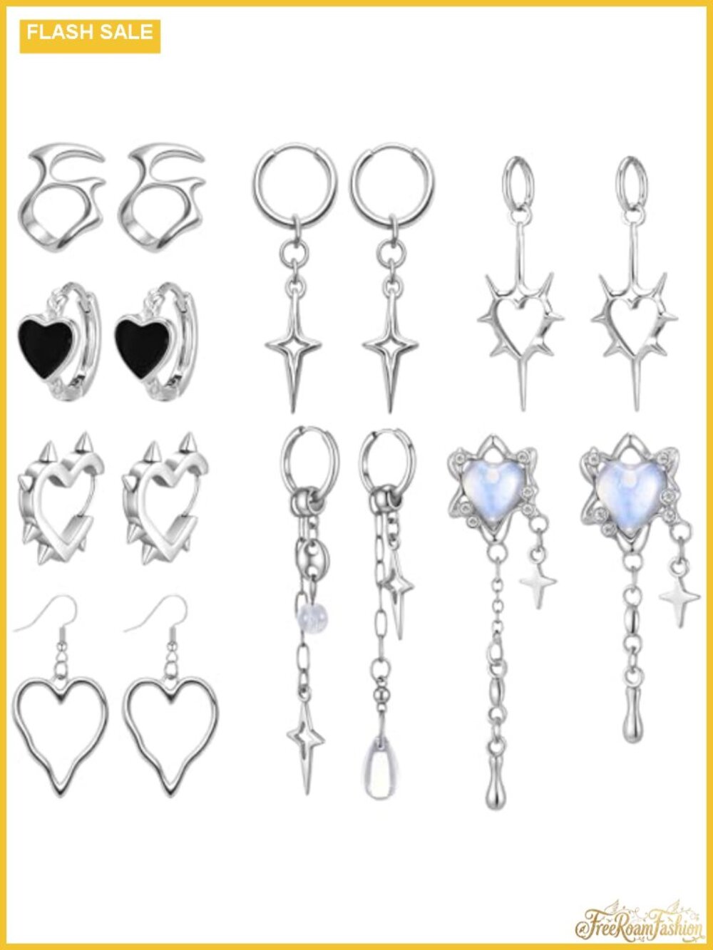 8 Pairs Silver Dangle Hoop Earrings Y2K Punk Star Moon Stud Set